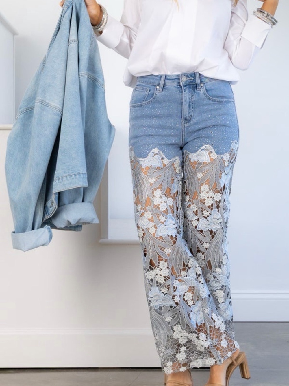 Bayeas Lesley Blue High Rise Lace Wide Leg Jean